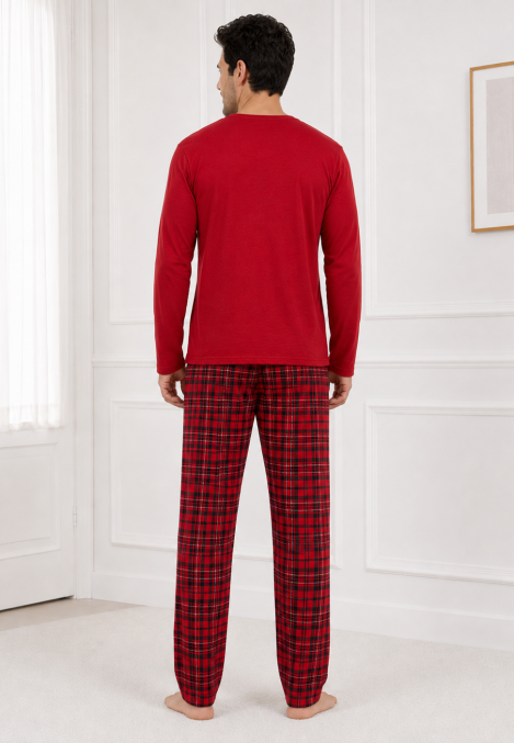 Pijama barbati Serena cu maneca lunga si pantalon lung- Rosu,Engros